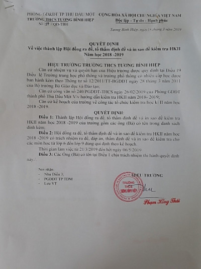 Quyết định Về việc thành lập Hội đồng ra đề, tổ thẩm định đề và in sao đề kiểm tra HKII Năm học 2018 -2019