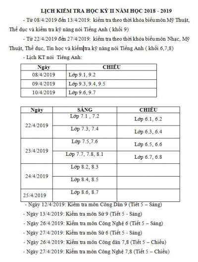 Lịch thi Học kỳ II năm học 2018 -2019