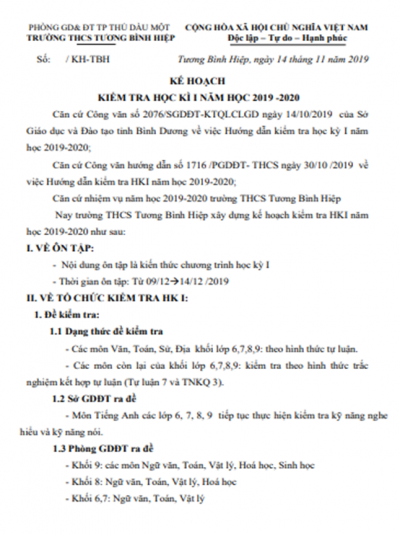 Kế hoạch Kiểm tra Học kỳ I năm học 2019 - 2020