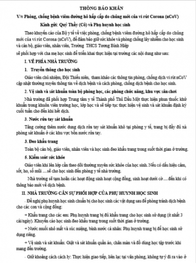 V/v phối hợp giữa nhà trường và gia đình trong việc phòng, chống bệnh viêm đường hô hấp cấp do chủng mới của vi rút Corona (nCoV)