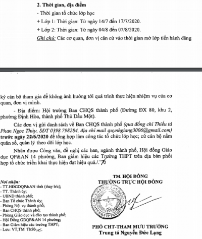 Chiêu sinh cán bộ thuộc đối tượng 4 tham gia lớp bồi dưỡng kiến thức quốc phòng và an ninh năm 2020