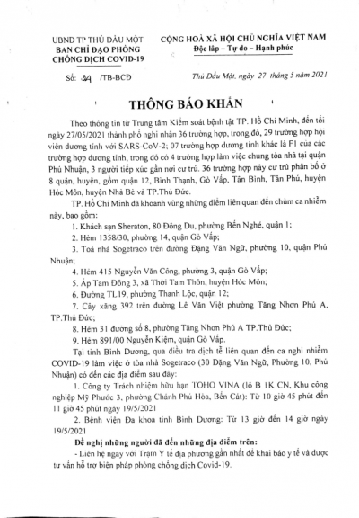 Thông báo khẩn về tình hình Covid-19 _28052021