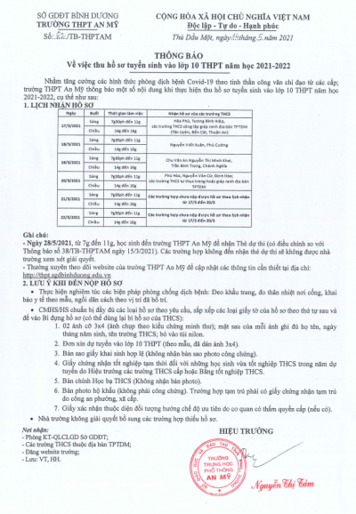 Thông báo về việc thu hồ sơ tuyển sinh vào lớp 10 THPT năm học 2021- 2022
