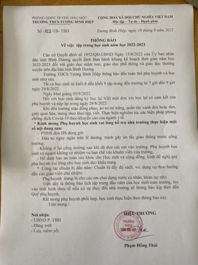 Thông báo về việc tập trung học sinh Năm học 2022- 2023