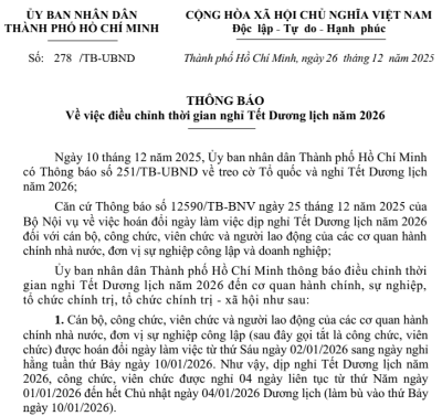 Thông báo về việc điều chỉnh thời gian nghỉ Tết Dương lịch năm 2026