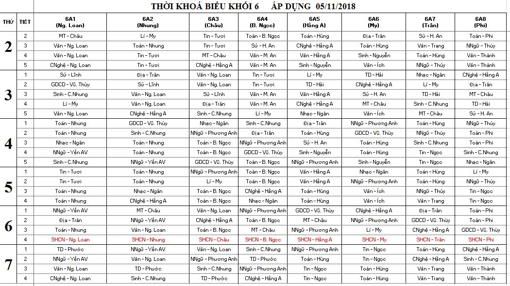 Thời khóa biểu Học kỳ 1 áp dụng 05/11/2018