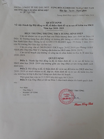 Quyết định Về việc thành lập Hội đồng ra đề, tổ thẩm định đề và in sao đề kiểm tra HKII Năm học 2018 -2019