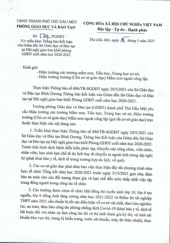 Triển khai thông báo kết luận của Giám đốc Sở GDĐT trong hội nghị Giao ban khối Phòng GDĐT cuối năm học 2020-2021