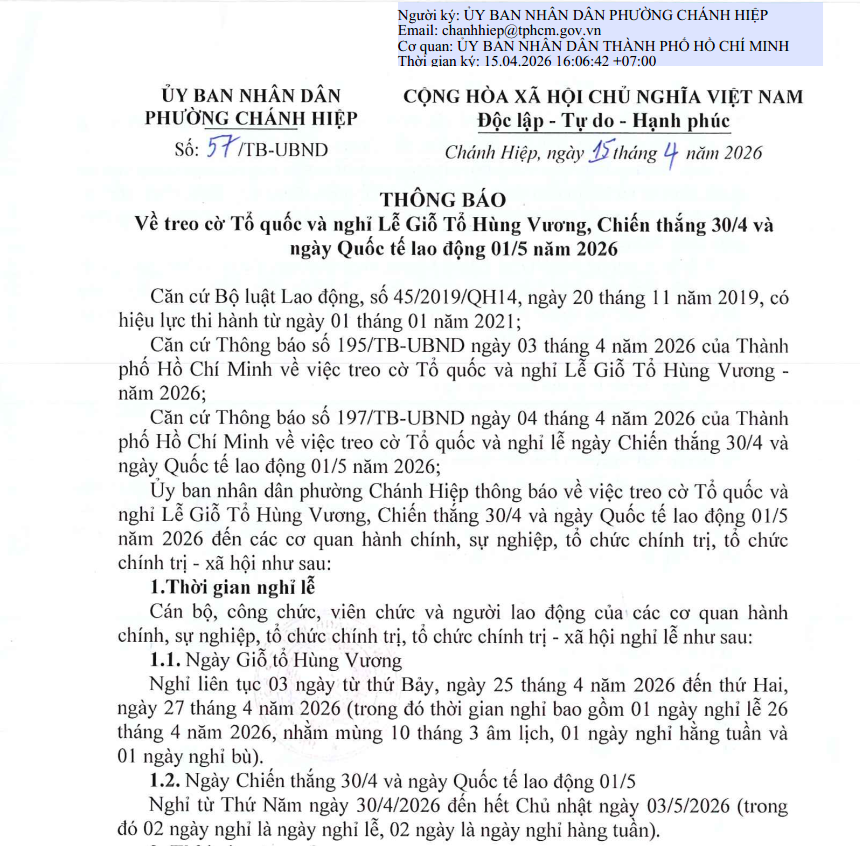 Thông báo về việc Nghỉ lễ Giỗ Tổ Hùng Vương, Chiến Thắng 30/4 và Quốc tế lao động 1/5